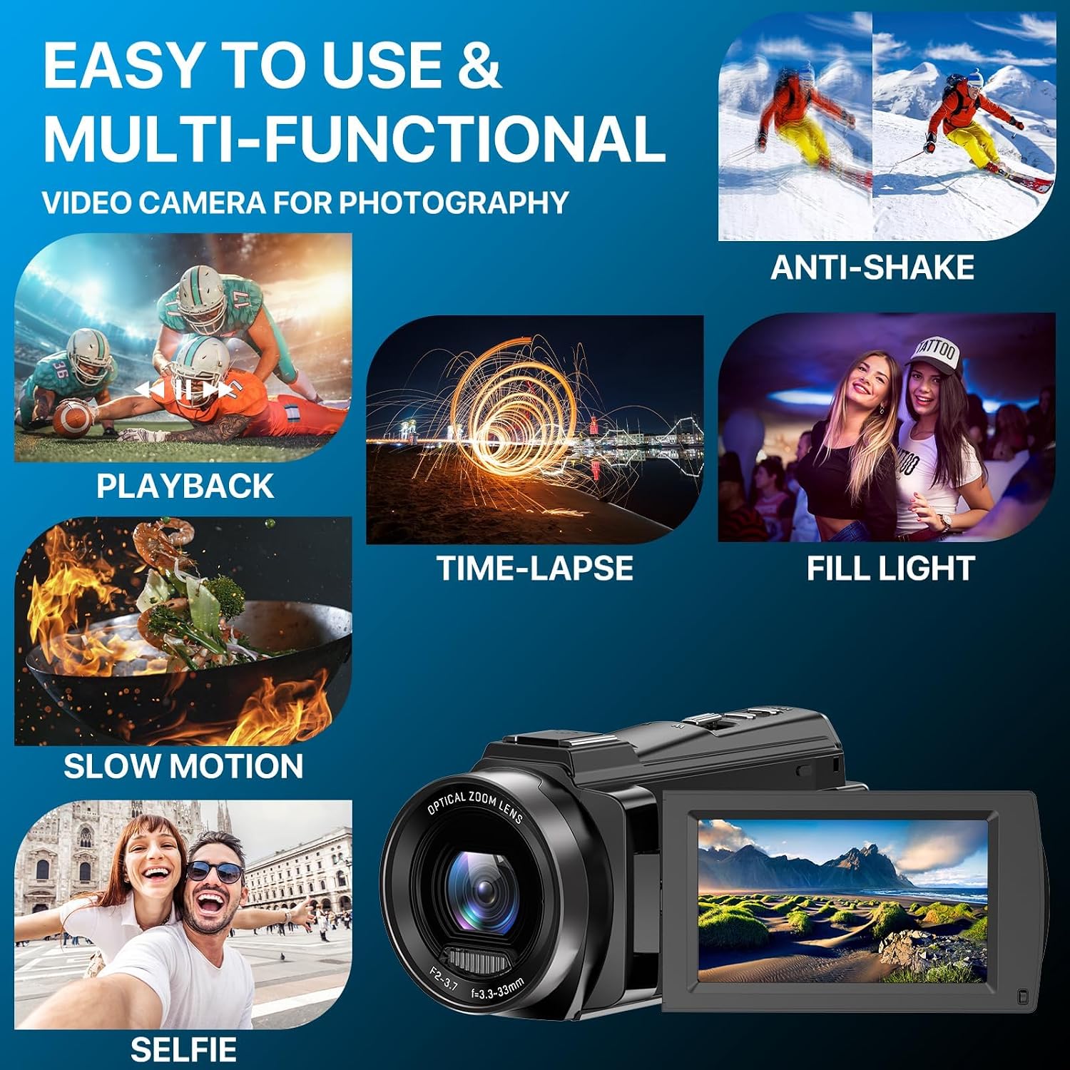 FJFJOPK 5K Video Camera Camcorder, 10X Optical Zoom 48MP UHD 30FPS Vlogging Camera for YouTube, Photography Recorder Camera with 270° 3' Rotation Screen, Microphone, Stabilizer, Remote Control