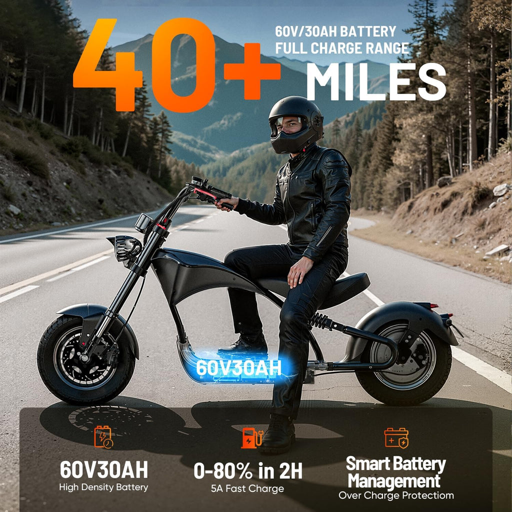 eAhora M1P Electric Motorcycle for Adults, 2000W Motor 37mph, 40+ Miles Range with 60V 30Ah Battery, Full Suspension, Hydraulic Brakes,Street Legal Electric Motorcycle for Commuting