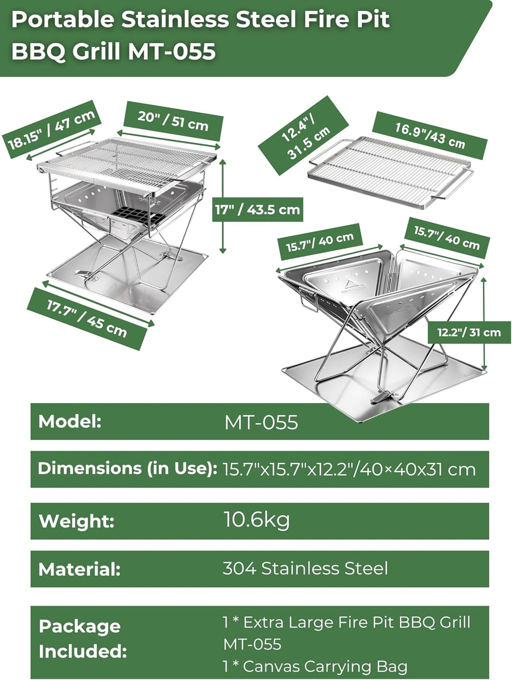 CAMPINGMOON 3 in1 Flatpack Portable Fire Pit Grill 16 inch Heavy Duty Stainless Steel Wood Burning Camping Stove Adjustable Height Backyard Outdoor Cooking RV Trips Carry Bag included MT-055