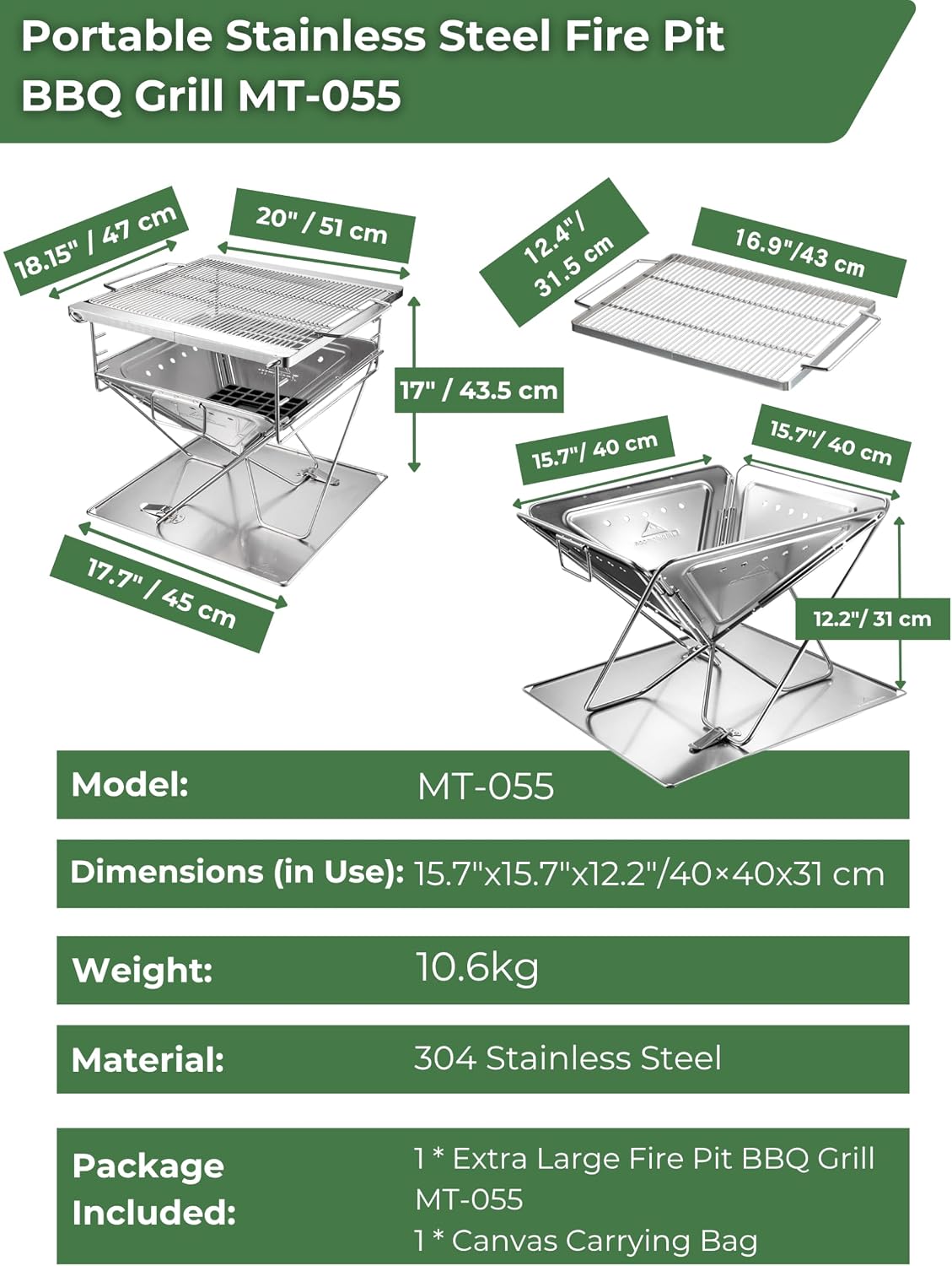 CAMPINGMOON 3 in1 Flatpack Portable Fire Pit Grill 16 inch Heavy Duty Stainless Steel Wood Burning Camping Stove Adjustable Height Backyard Outdoor Cooking RV Trips Carry Bag included MT-055