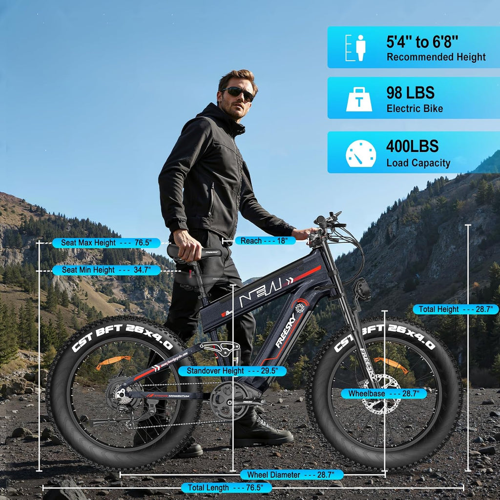 FREESKY Dual Battery Electric Bike for Adults, 48V 45AH 200 Miles Long Range E Bike, 4000W Motor 40MPH+, 26' Fat Tire Fast Mountain EBike, Full Suspension & Hydraulic Brakes, UL 2849 Certified by TÜV