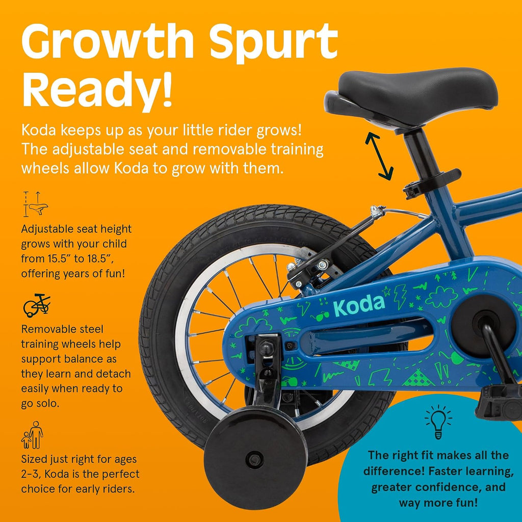 Retrospec Koda Plus Kids Bike for Boys & Girls Ages 2-3 Years - Children's Bicycle, Adjustable Seat & Handlebars, Removable Training Wheels, Front Hand Brakes, Rear Coaster Brake & Safety Bell