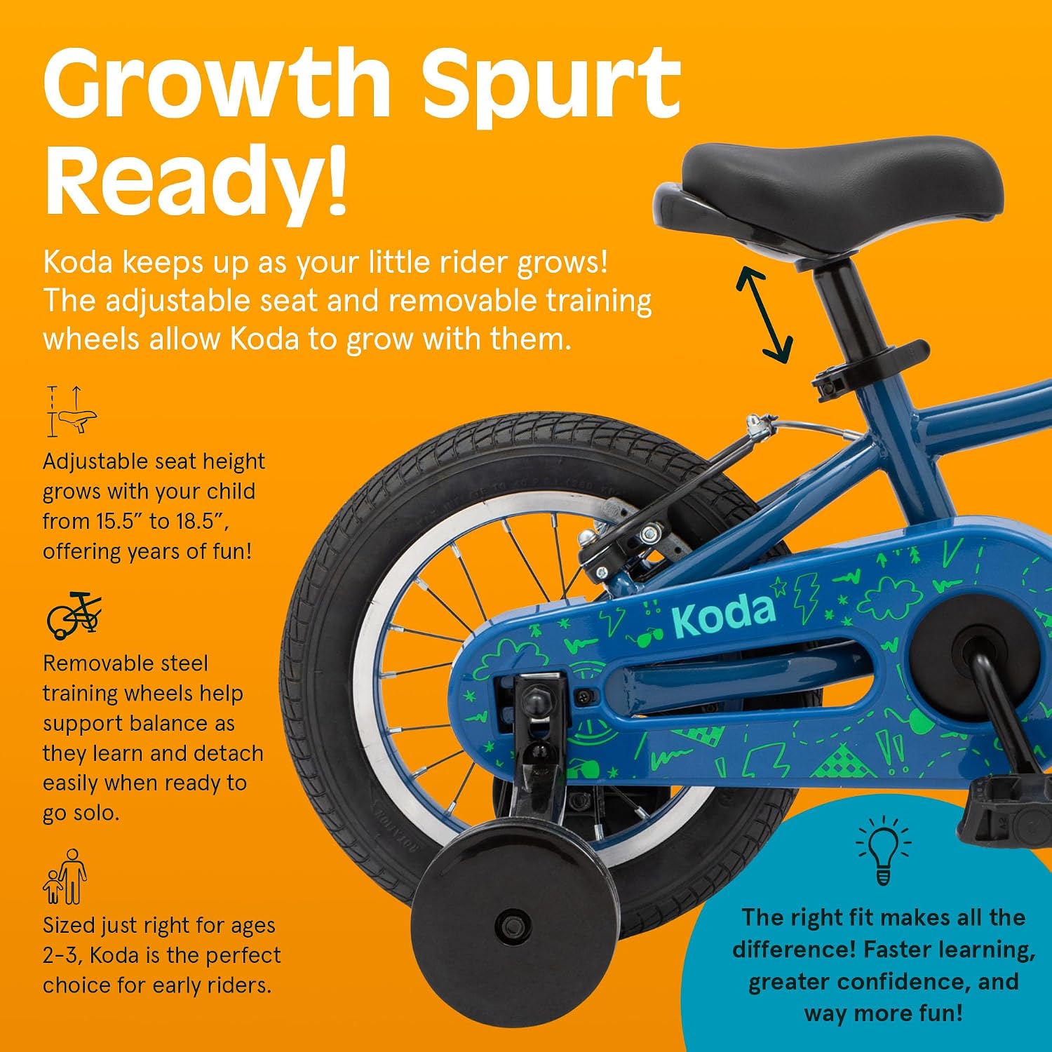 Retrospec Koda Plus Kids Bike for Boys & Girls Ages 2-3 Years - Children's Bicycle, Adjustable Seat & Handlebars, Removable Training Wheels, Front Hand Brakes, Rear Coaster Brake & Safety Bell