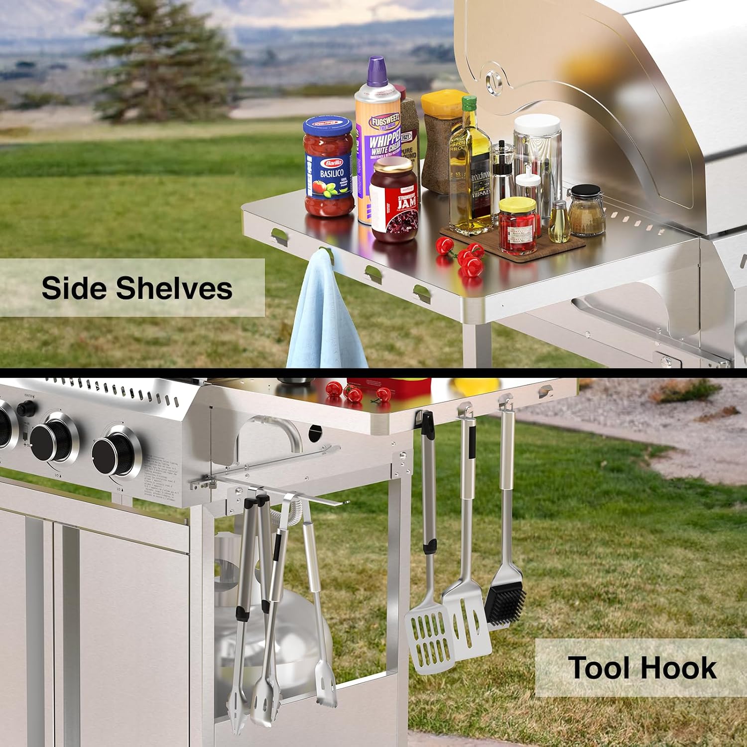 Electactic Propane Gas Grill 4 Burners, 32000 BTU Outdoor Barbecue Grill with Stainless Steel Body & Heavy-Duty 304 Grill Grates, Foldable Side Shelves & Built-in Thermometer, Portable with Wheels