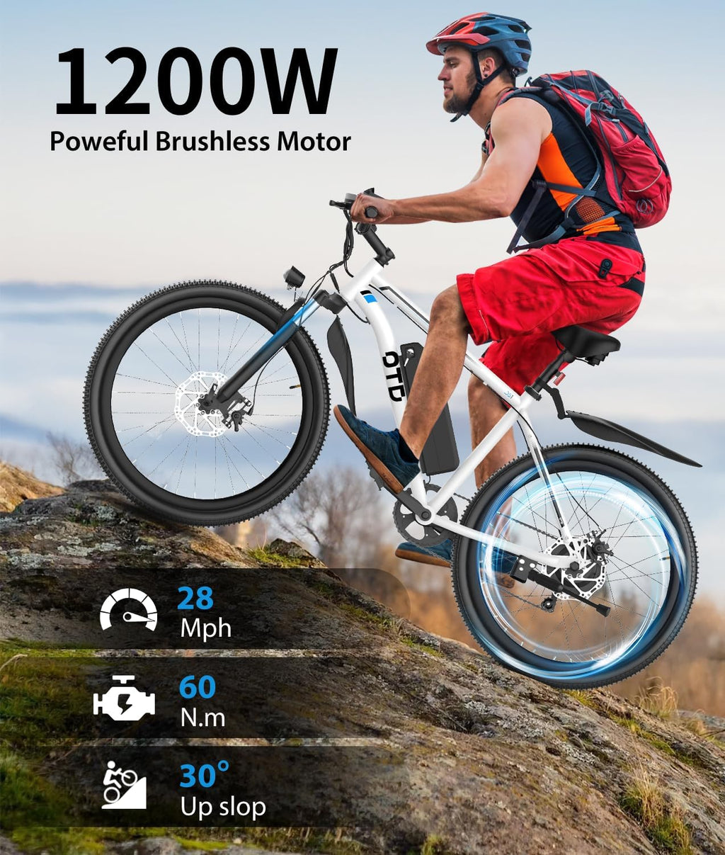 Electric Bike For Adults 1200W Peak Lightweight Mountain Ebikes,28MPH 26'x2.1' Fast Electric Bicycles,90 Miles PAS Long Range,48V 624Wh Removable Battery,7-Speed E-Bicycles with Mobile Phone Holder