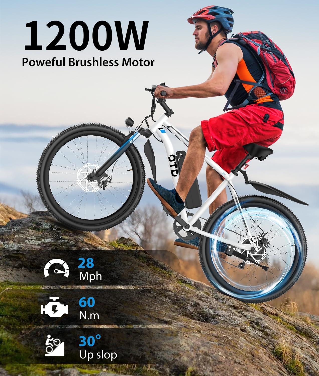 Electric Bike For Adults 1200W Peak Lightweight Mountain Ebikes,28MPH 26'x2.1' Fast Electric Bicycles,90 Miles PAS Long Range,48V 624Wh Removable Battery,7-Speed E-Bicycles with Mobile Phone Holder