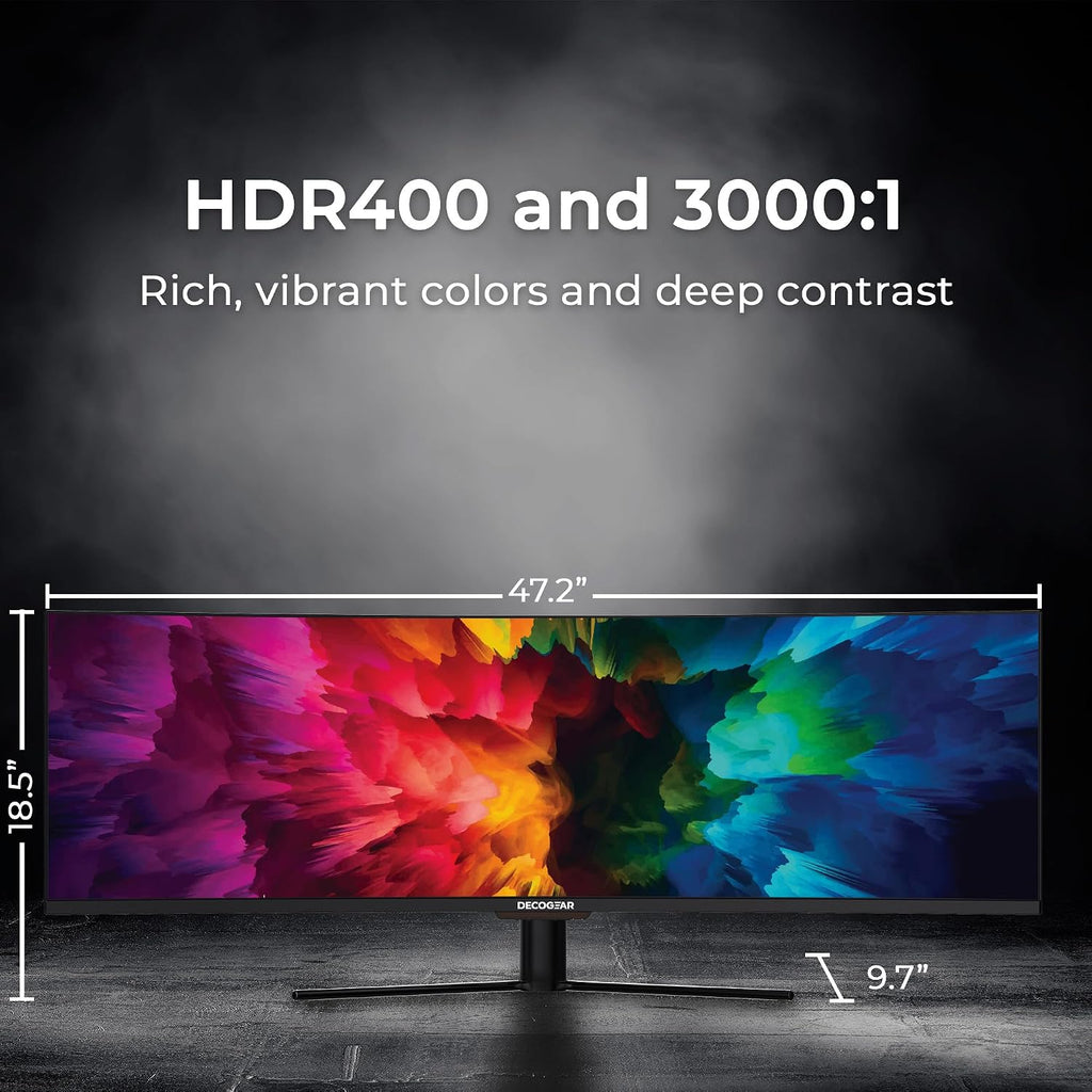 Deco Gear 49' Ultrawide Curved Monitor, 144Hz 32:9 Dual FHD 3840×1080, R1500, 3000:1 VA Super Wide Screen, Adaptive Sync, HDR400, USB-C 65W, 3ms, HDMI/DP, PBP/PIP KVM Work Gaming Display, Laptop & PC
