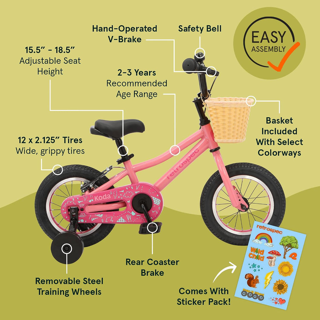 Retrospec Koda Plus Kids Bike for Boys & Girls Ages 2-3 Years - Children's Bicycle, Adjustable Seat & Handlebars, Removable Training Wheels, Front Hand Brakes, Rear Coaster Brake & Safety Bell