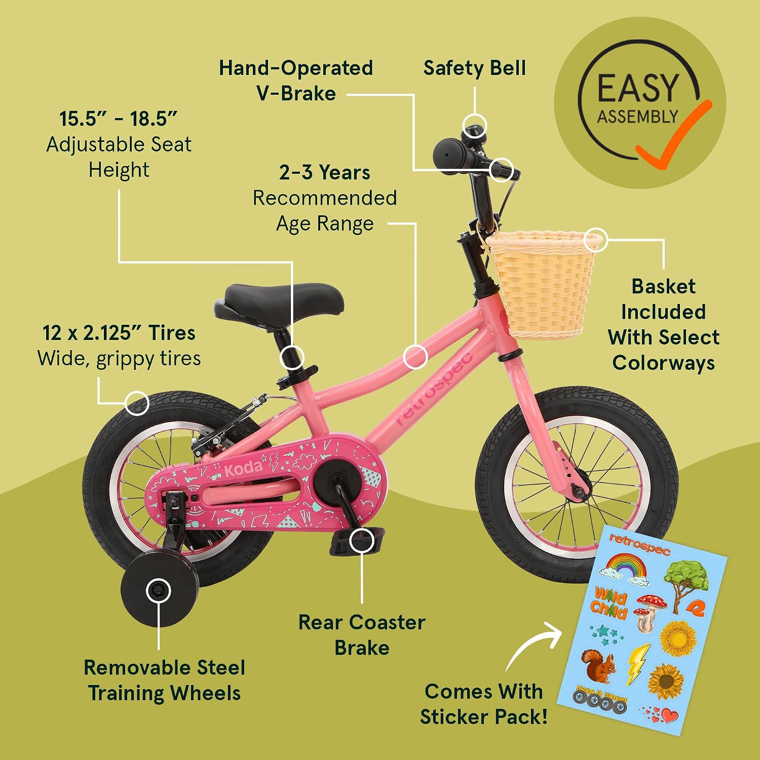 Retrospec Koda Plus Kids Bike for Boys & Girls Ages 2-3 Years - Children's Bicycle, Adjustable Seat & Handlebars, Removable Training Wheels, Front Hand Brakes, Rear Coaster Brake & Safety Bell