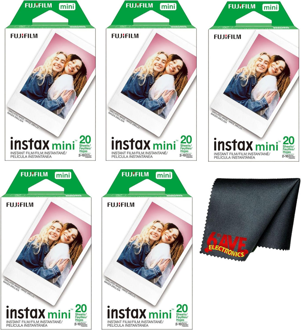 Fujifilm Instax Mini Film for Instant Camera (100 Photo Exposure) Bundle with 6AVE Microfiber Cleaning Cloth