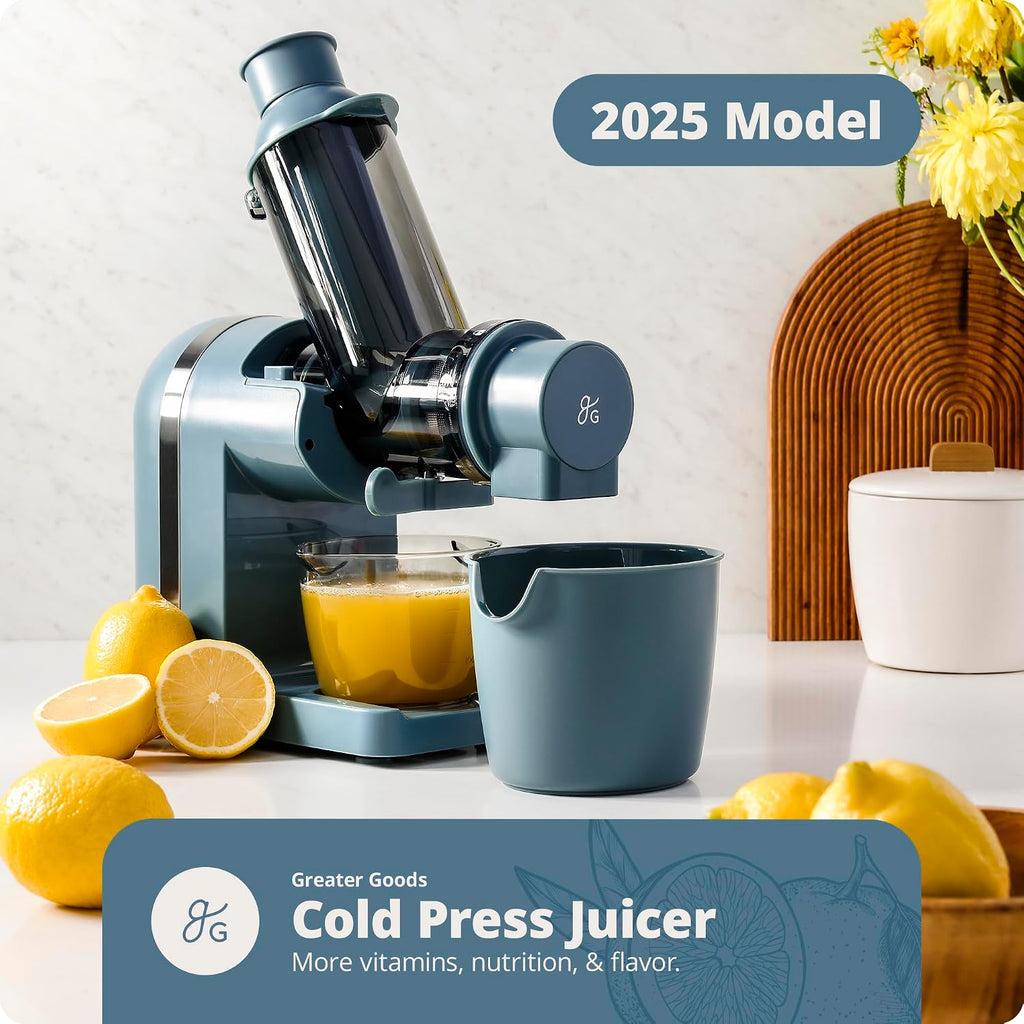 Greater Goods Cold Press Juicer, Powerful Slow Masticating Juice Extractor with Quiet Motor for Fruits and Vegetables, High Juice Yield, Easy to Clean, Stone Blue