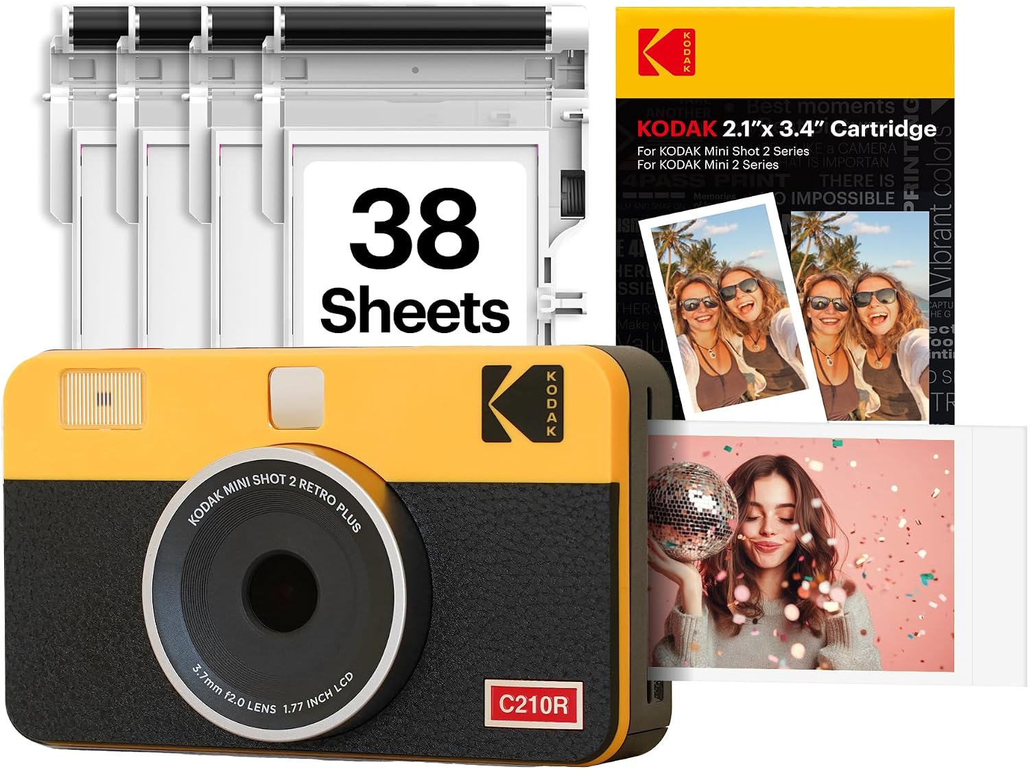 KODAK Mini Shot 2 Retro 2x3' Instant Digital Camera & Photo Printer, 38 Sheets, 2-in-1 Portable Print Camera, Bluetooth Smartphone Printer for iOS & Android, 4PASS Dye Sublimation, Yellow
