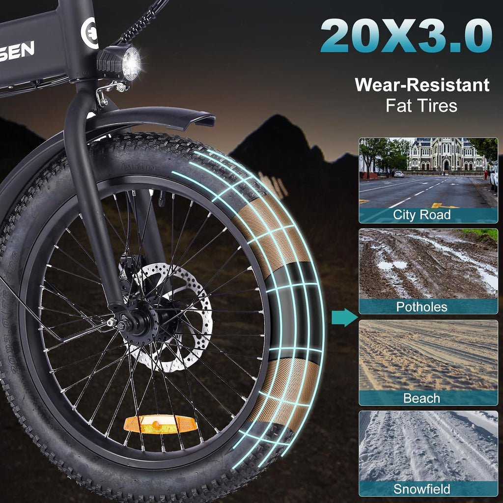 Folding Electric Bike for Adults, 20'×3.0 Fat Tire Electric Bicycle, 374.4Wh Battery Ebike, 20MPH Electric Cargo Bike with LCD Color Display & 6 Speed Gears (Fits for 5'0'+)