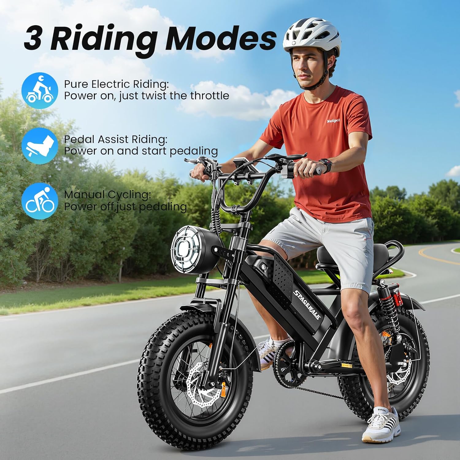 Spacewalk Electric Bike M6 / M7 for Teens/Adults,16' / 20' Ebike,1500W Peak Motor,21.7mph / 27.9mph,48V 15Ah Removable Battery,4X Suspension,50 Miles Pure Electric,70 Miles PAS