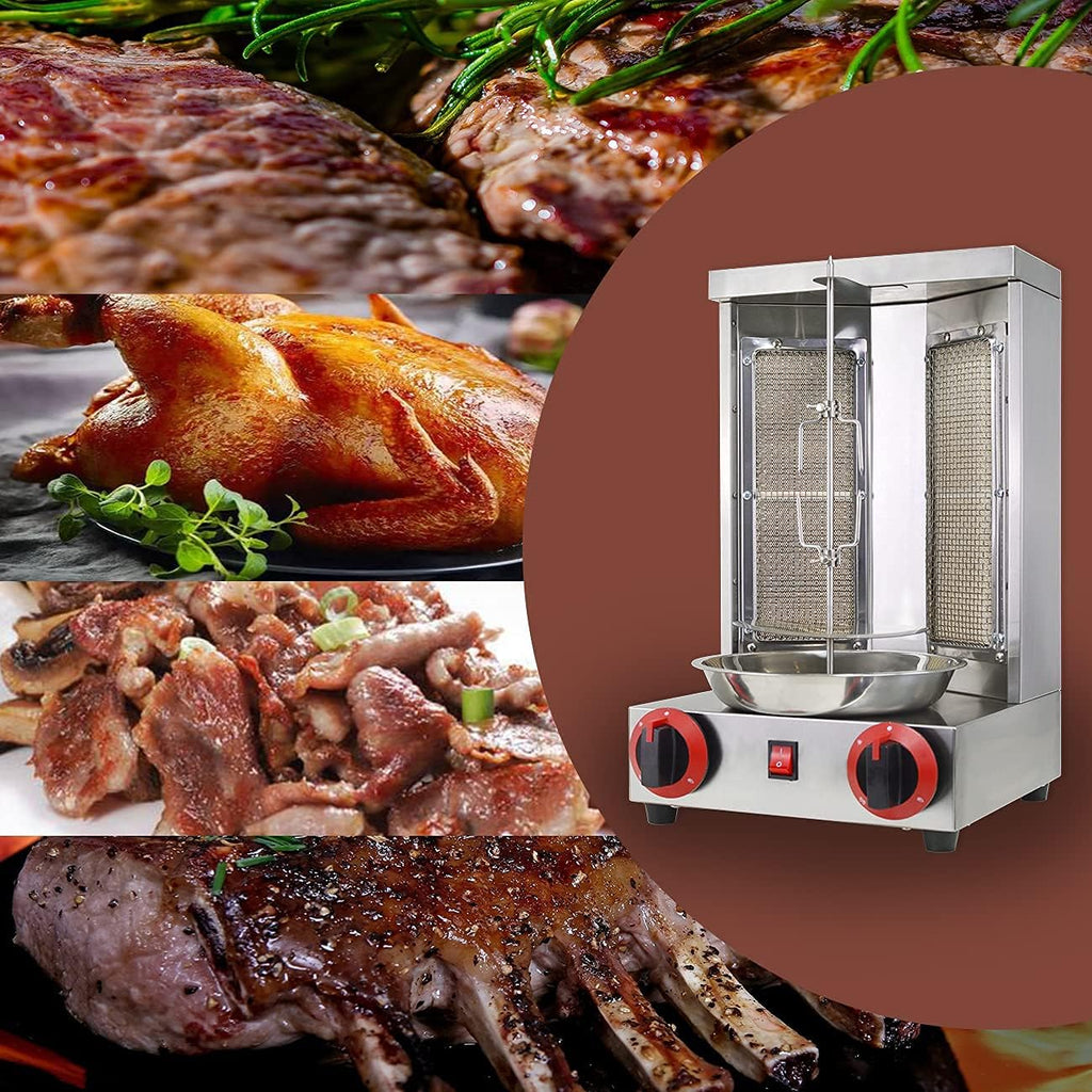 Shawarma Grill Doner Kebab Machine Gas Gyro broilers Rotating Home Vertical Rotisserie with 2 Burners 110V for Chicken Roast,Turkey Roast,Tacos,Roast,（Registered Design Patent）