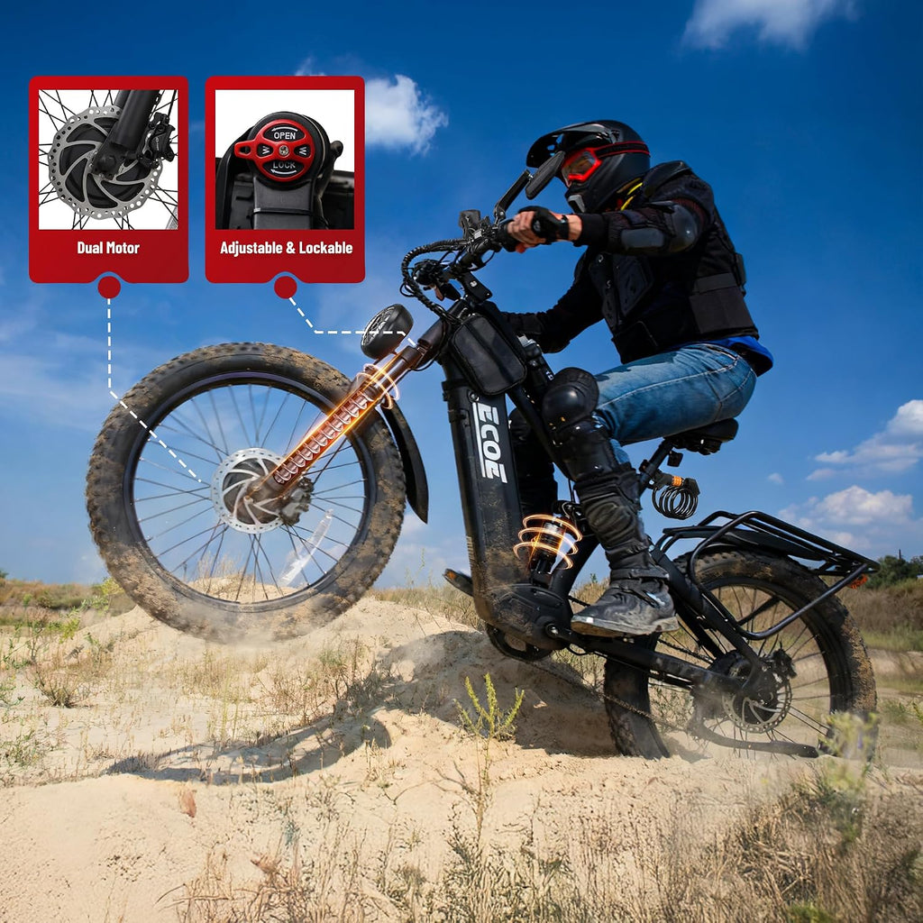 EcoE 7000/9000W Dual Motor Electric Bike for Adults 52MPH Charge Voltage 63 V32A, 26x4 Fat Tire All Terrain Ebikes, Full Suspension E Bike, SHM 7-Speed Gear Electric Bicycle
