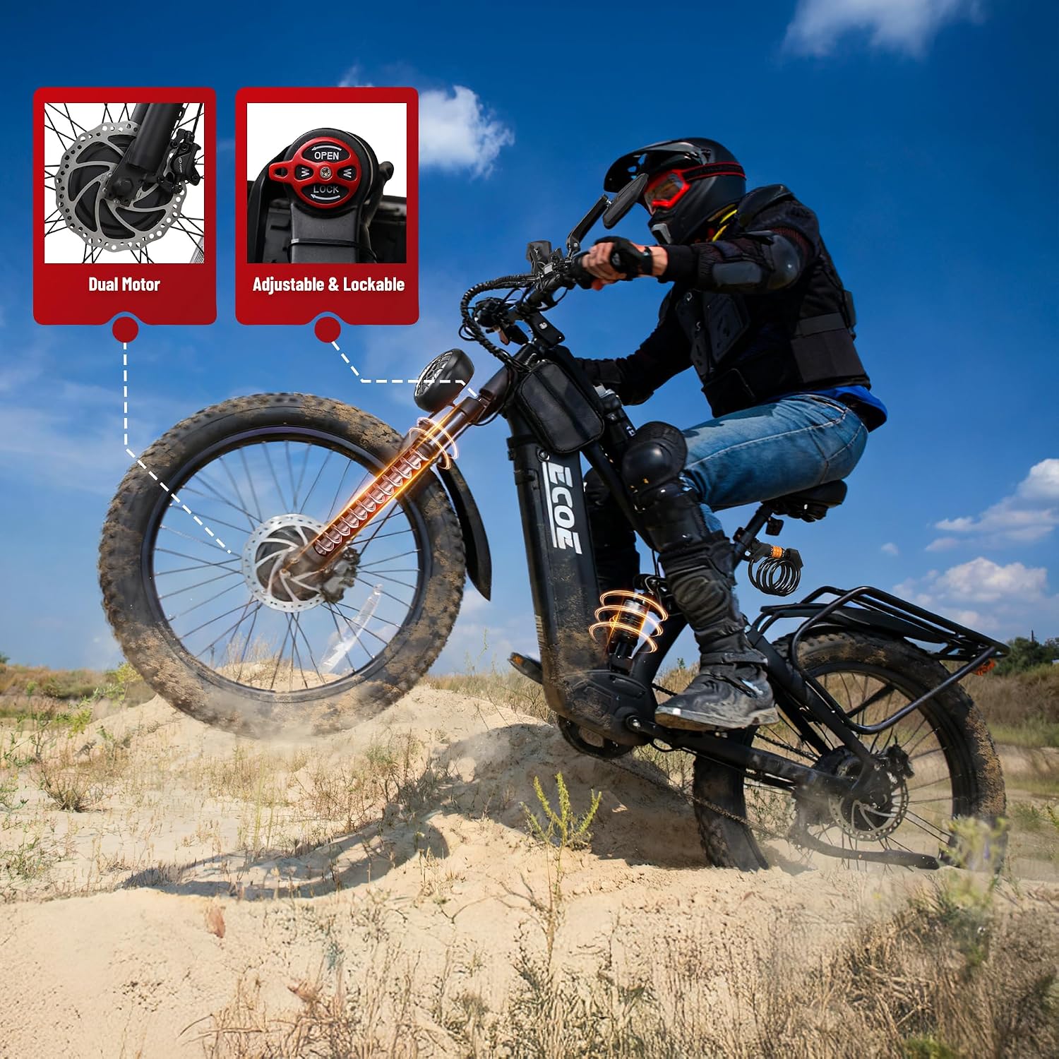 EcoE 7000/9000W Dual Motor Electric Bike for Adults 52MPH Charge Voltage 63 V32A, 26x4 Fat Tire All Terrain Ebikes, Full Suspension E Bike, SHM 7-Speed Gear Electric Bicycle