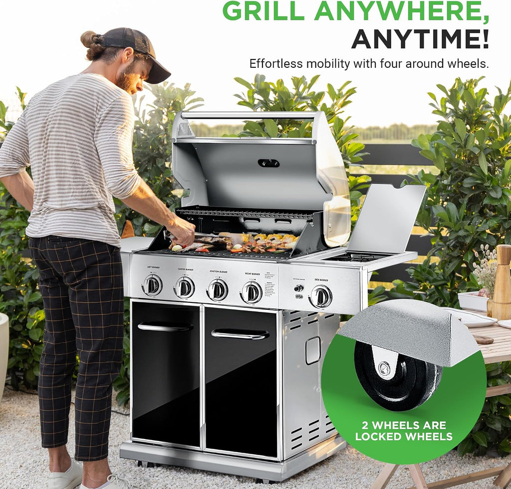 NutriChef Heavy-Duty 5-Burner Propane Gas Grill - Stainless Steel, 52,000 BTU, 4 Main Burners + Side, Electronic Ignition, Built-in Thermometer - NCGRIL2.5