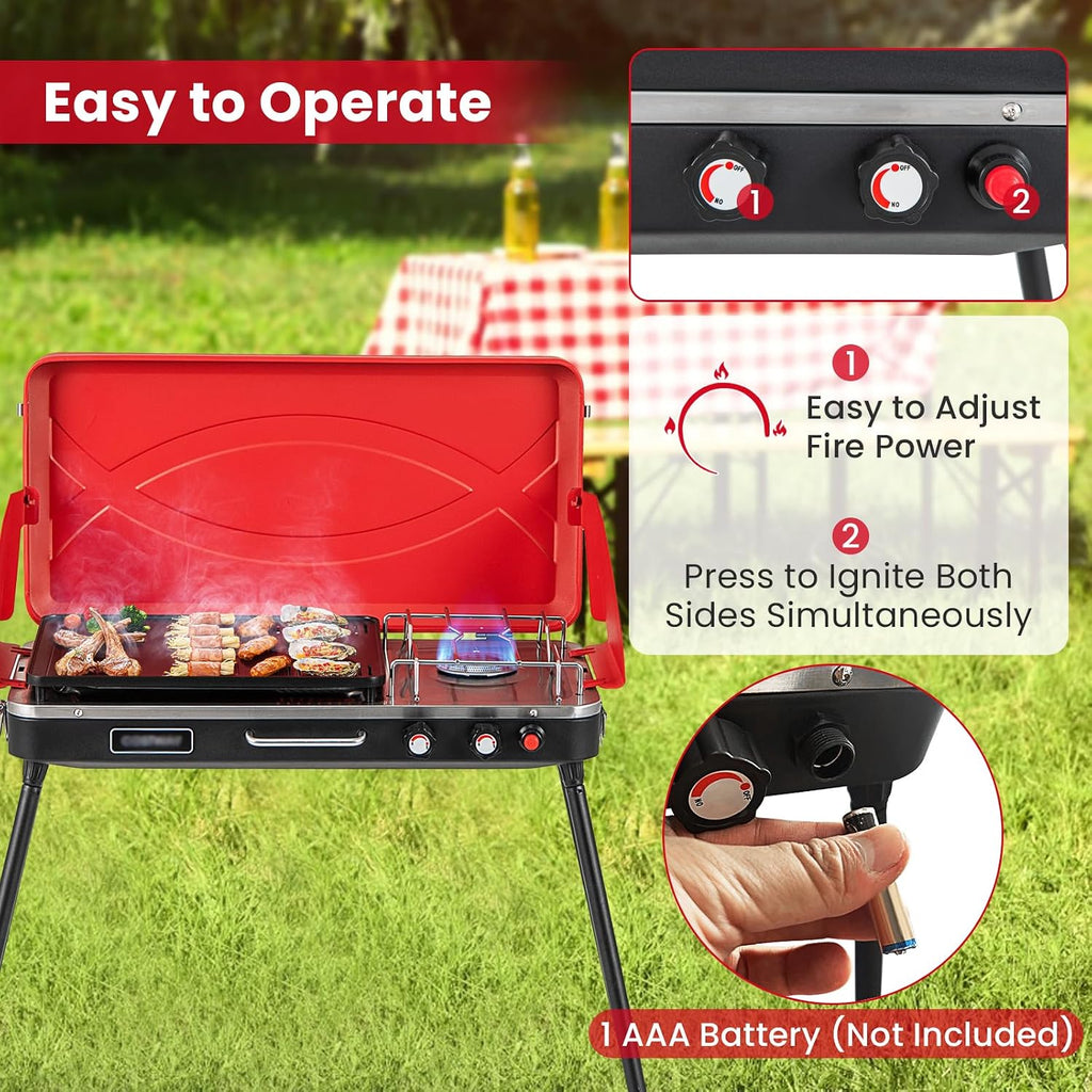 HAPPYGRILL Portable Camping Stove, 2-Burner Propane Grill Cooker with Removable Leg Stand, Roast Grill, Dual Control Knobs, Wind Guards, Outdoor Gas Grill for Camping BBQ Picnic, Red