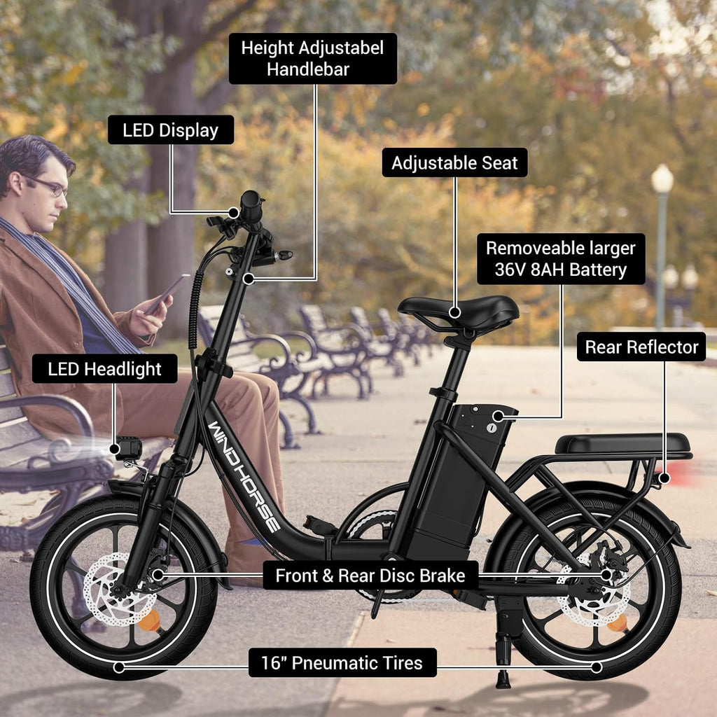 RIDWIND 16' Folding Electric Bike Adults, Peak 630W Adult Electric Bicycles, Up to 25 MPH and 35 Miles Foldable Ebikes, Electric Bike for Teens with 36V 8Ah Removable Battery, UL2849 Certificate