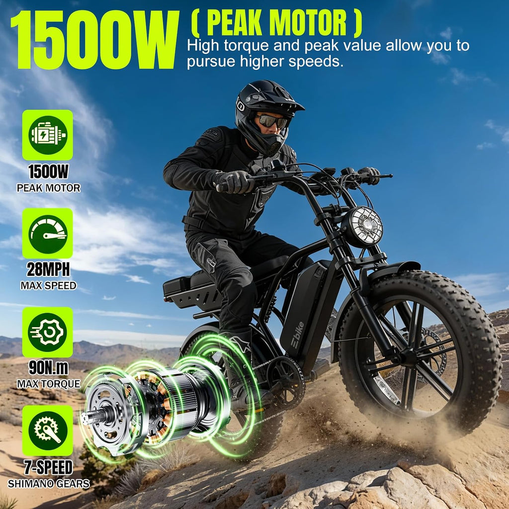 TST Electric Bike for Adults 1500W Peak 20' Fat Tire All-Terrain E-Bike 60/130 Miles Electric Dirt Bike - 48V 15/30 AH Battery Tested to UL 2849 Powered Electric Bicycle