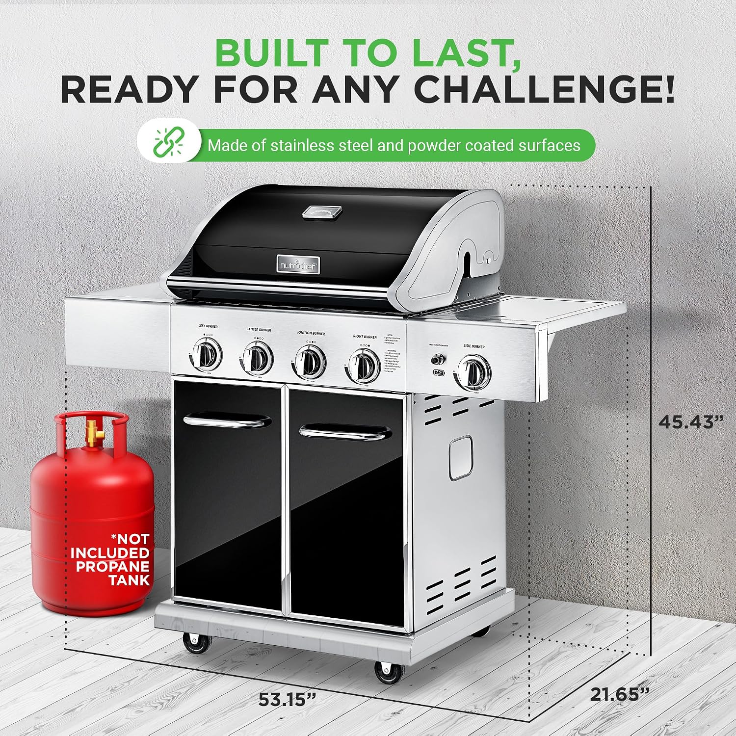 NutriChef Heavy-Duty 5-Burner Propane Gas Grill - Stainless Steel, 52,000 BTU, 4 Main Burners + Side, Electronic Ignition, Built-in Thermometer - NCGRIL2.5