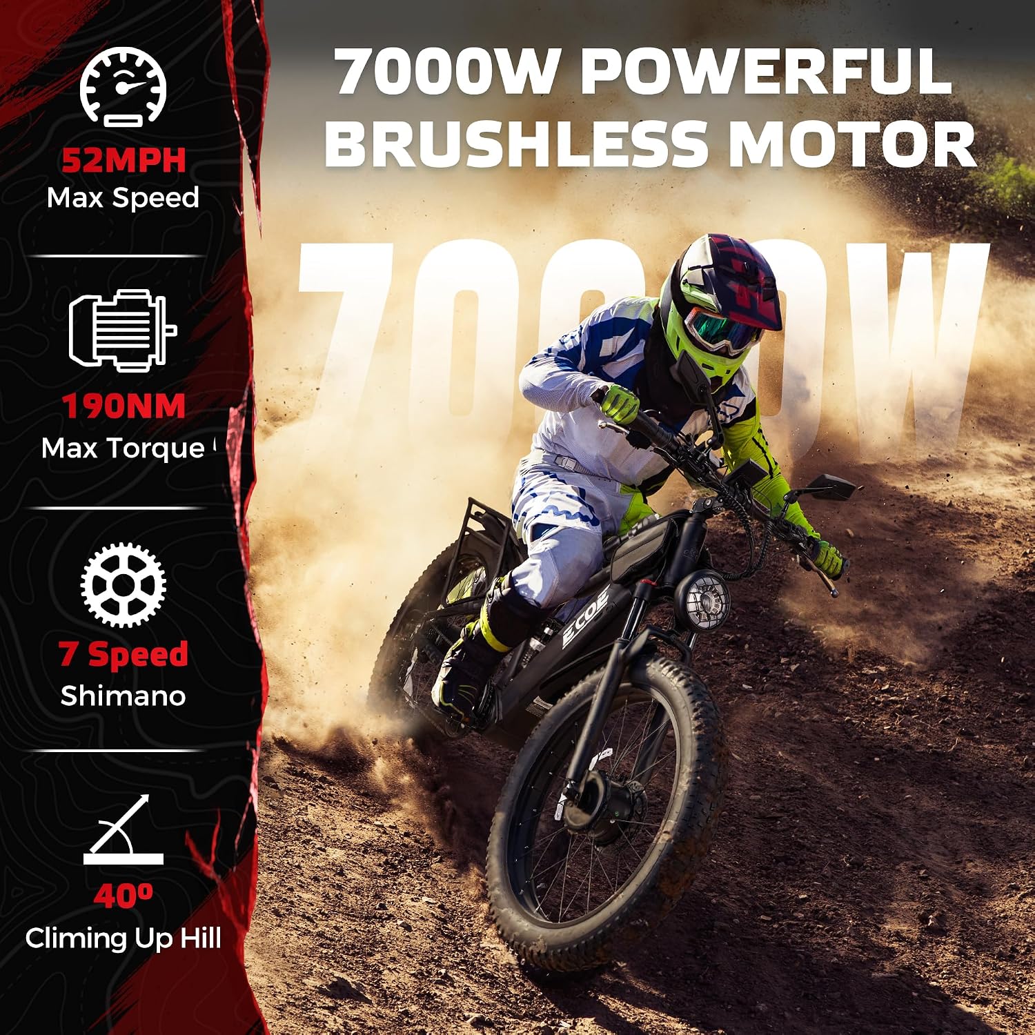 EcoE 7000/9000W Dual Motor Electric Bike for Adults 52MPH Charge Voltage 63 V32A, 26x4 Fat Tire All Terrain Ebikes, Full Suspension E Bike, SHM 7-Speed Gear Electric Bicycle