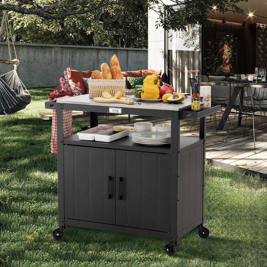 Feasto Outdoor Grill Cart with Stainless Steel Tabletop and Storage Cabinet, Movable Kitchen Island with Wheels for BBQ Food Prep, Black