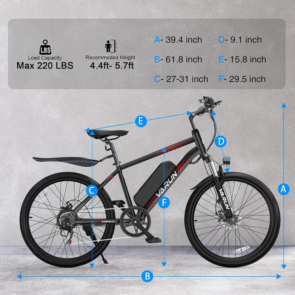 VARUN Electric Bike - 500W Peak Motor, 24/26' All-Terrain E-Bike, Up to 40 Miles & 20 MPH, Removable Battery, 7-Speed, Front Suspension, Dual Disc Brakes, with Free Accessory Pack