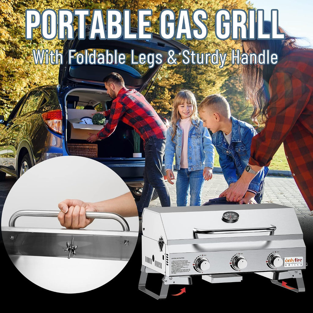 Tabletop Gas Grill 3 Burners, Portable Propane BBQ Grill with Foldable Legs & 22' Stainless Steel Grate for Outdoor Patio Backyard Barbecue, Camping Tailgating RV, 24000BTU High Output, Classic GS307