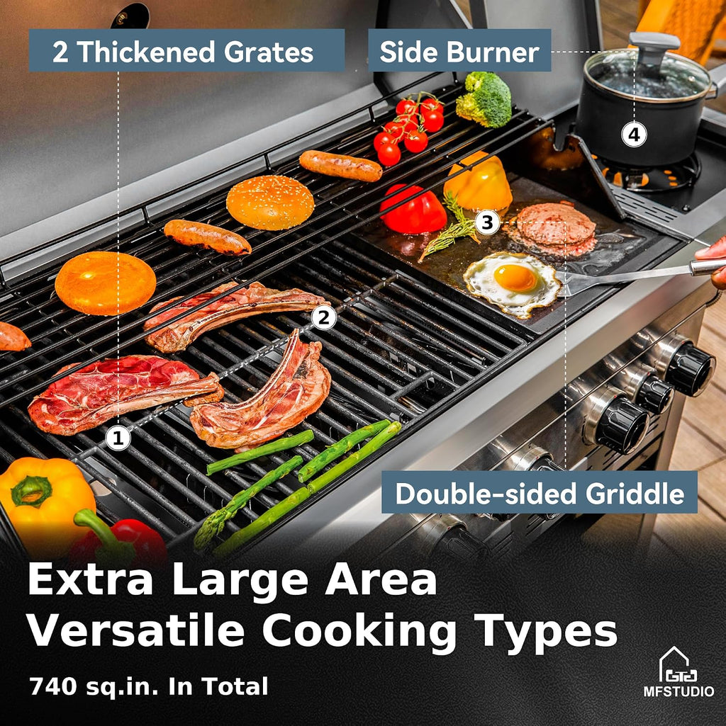 MFSTUDIO 6 Burner BBQ Propane Gas Grill with Side Burner & Porcelain-Enameled Cast Iron Grates, Grill Griddle Combo for Outdoor Barbecue, 740 SQ.IN. Large Cooking Area