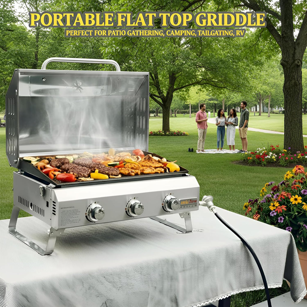 ONLYFIRE GRILLS Tabletop Gas Griddle with Foldable Legs, Portable 3-Burner Propane Gas Grill Griddle Flat Top for Outdoor Cooking Patio Barbecue Camping Tailgating RV BBQ, Stainless Steel, #GS309