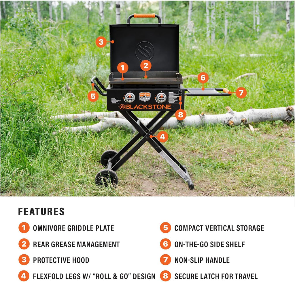 Blackstone 2350 On-the-Go 22' Omnivore Flex-Fold Griddle with Locking Hood, Powder Coated Steel, Black