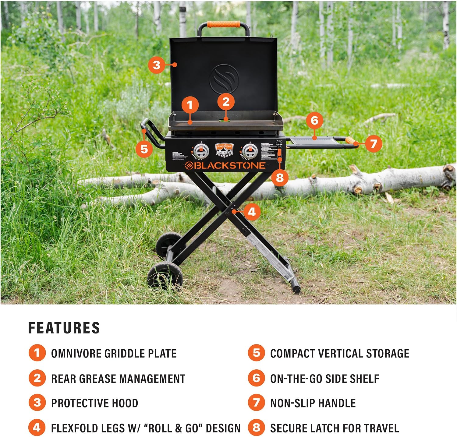 Blackstone 2350 On-the-Go 22' Omnivore Flex-Fold Griddle with Locking Hood, Powder Coated Steel, Black