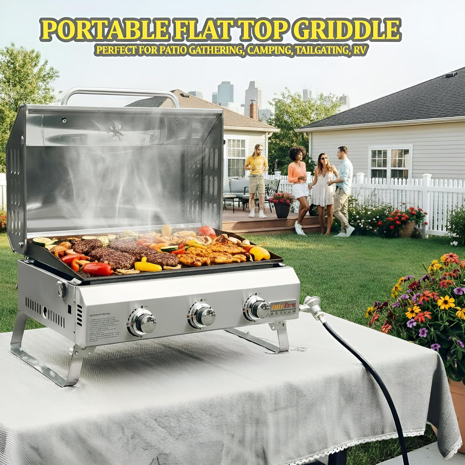 ONLYFIRE GRILLS Tabletop Gas Griddle with Foldable Legs, Portable 3-Burner Propane Gas Grill Griddle Flat Top for Outdoor Cooking Patio Barbecue Camping Tailgating RV BBQ, Stainless Steel, #GS309