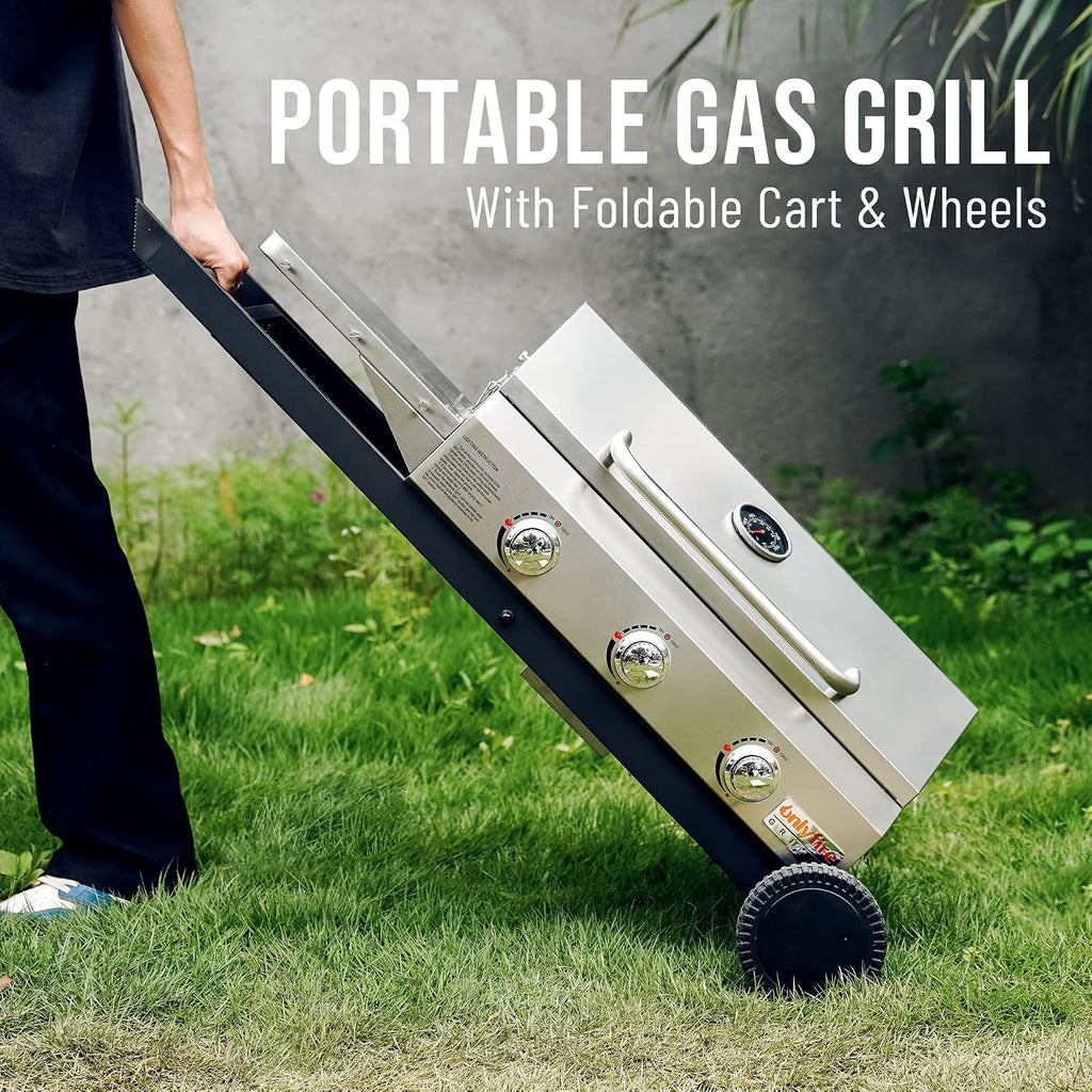 BBQ Gas Grill 3-Burner with Foldable Cart & Side Table, Premium Portable Propane Grill with 22' Cooking Grate for Outdoor Patio Backyard Barbecue Camping Tailgating RV, Stainless Steel, Classic GS308