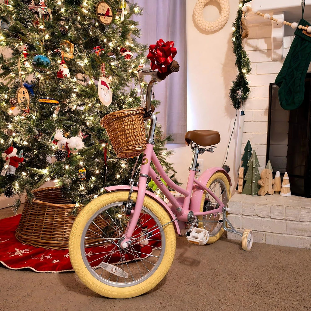 Glerc Little Molly 12-20 Inch Kids Retro Cruiser Bike for 2-13 Year Old with Wicker Basket & Training Wheels/Kickstand, Multiple Colors