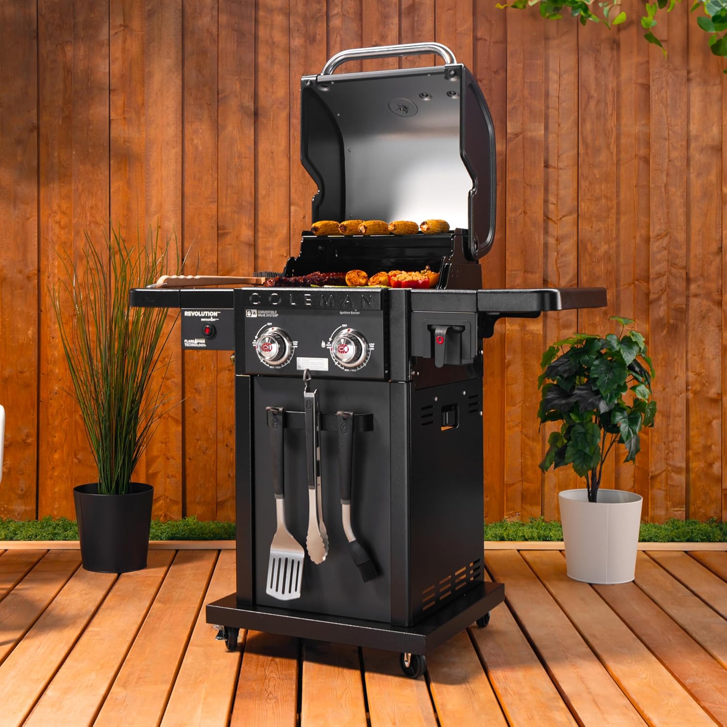 Coleman Revolution 2-Burner Propane Grill, 30,000 BTU Gas Grill with 440-Sq. In. Total Cooking Surface, 2 Side Shelves, Flare-Free Grates, and 4-Wheel Compact Cart, Black