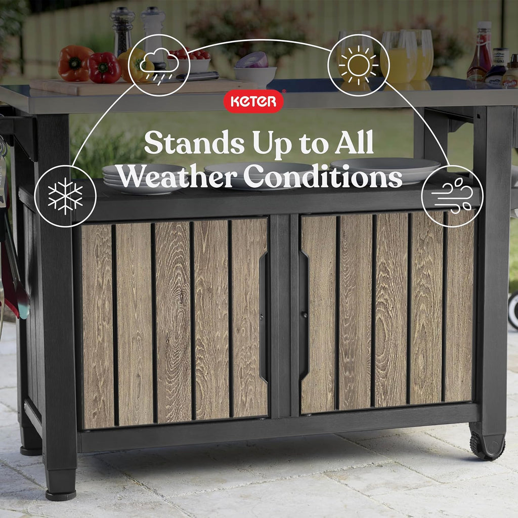 Keter Unity XL Outdoor Entertainment Cart with Wood‑Look Finish, 78‑Gallon Patio Storage Cabinet, Food Prep Station, Stainless‑Steel Top for BBQ, Grill, Patio, Deck & Backyard, Ashwood