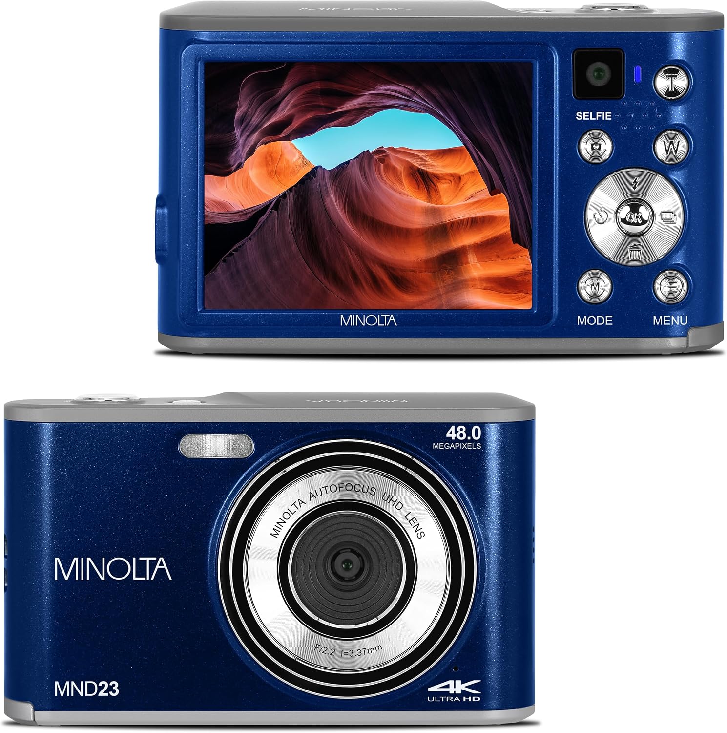 Minolta 48MP Digital Camera with Rear Selfie Lens – 4K Ultra HD Video, 2.8' LCD Screen, 16X Digital Zoom, Autofocus, Slow Motion, Time Lapse, Filters, Scene Modes, 32GB Card Included (Blue)