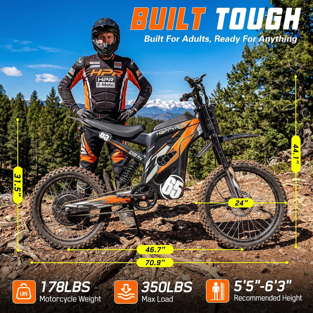 HAPPYRUN G300 Pro Electric Dirt Bike for Adults, 72V 30Ah Battery, 6500W Motor, 50 MPH Speed, 70 Mile Range, 350 Lbs Load Capacity, Hydraulic Brakes