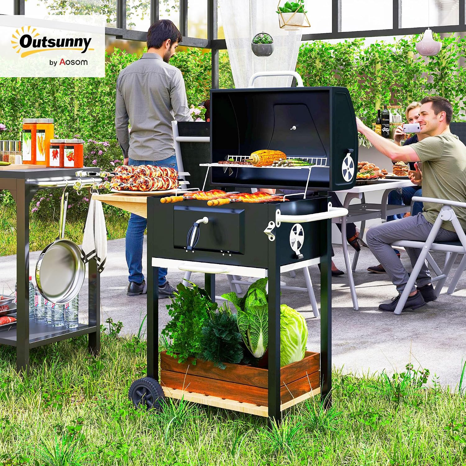 Outsunny Charcoal BBQ Grill, Outdoor Portable Cooker for Camping or Backyard Picnic, Barbecue Grill with Side Table, Bottom Storage Shelf, Wheels and Handle, Black