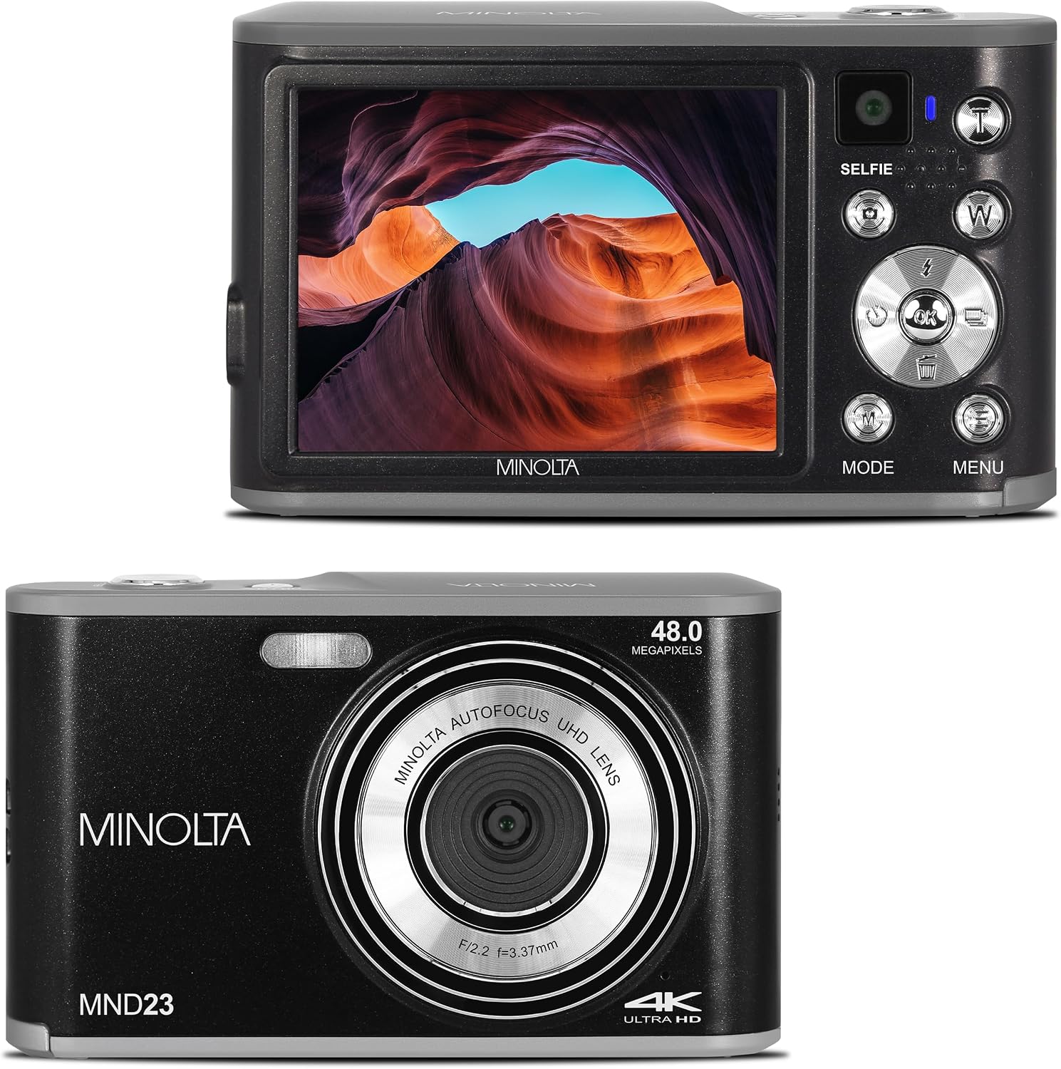Minolta 48MP Digital Camera with Rear Selfie Lens – 4K Ultra HD Video, 2.8' LCD Screen, 16X Digital Zoom, Autofocus, Slow Motion, Time Lapse, Filters, Scene Modes, 32GB Card Included (Black)