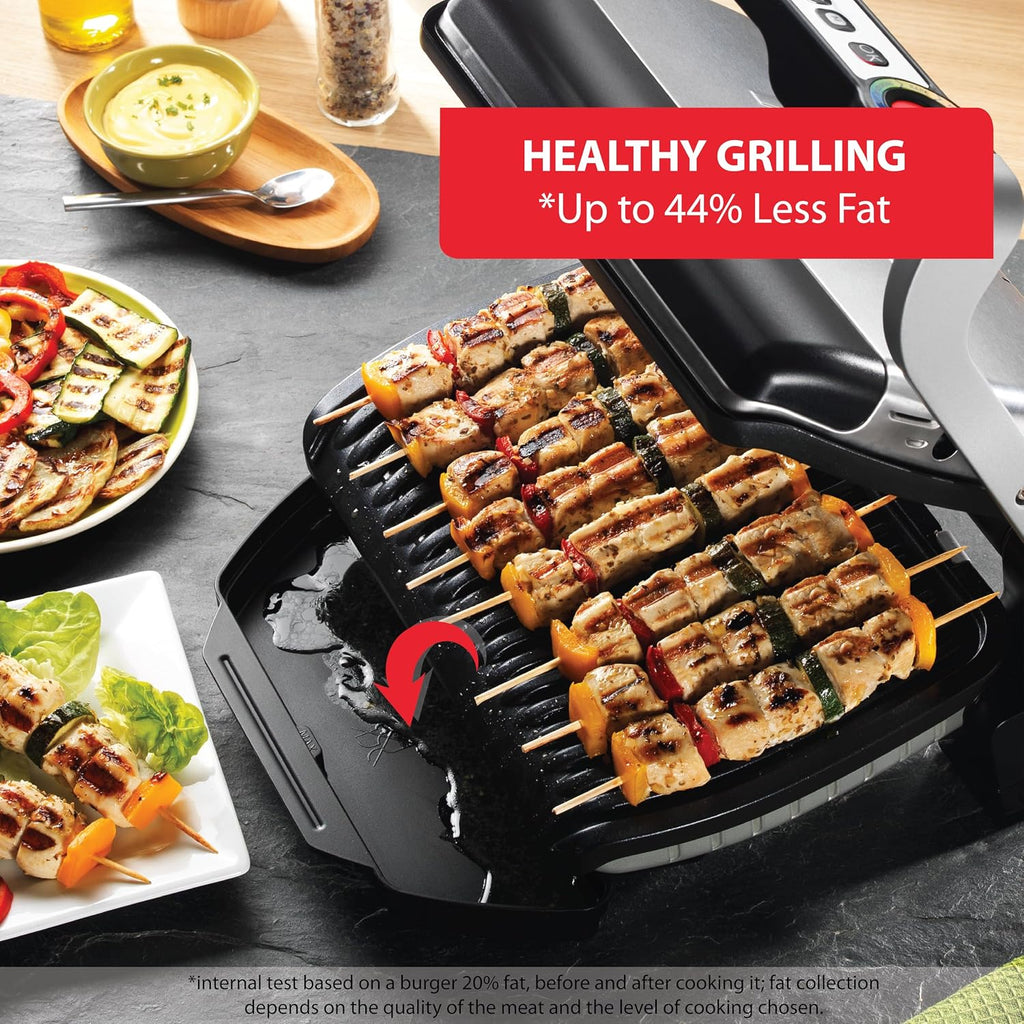 T-Fal OptiGrill Stainless Steel Electric Grill, 4 Servings, 6 Automatic Cooking Modes, Intelligent Grilling, Rare to Well-Done, Panini Press, Nonstick Removable Plates, Indoor, Silver