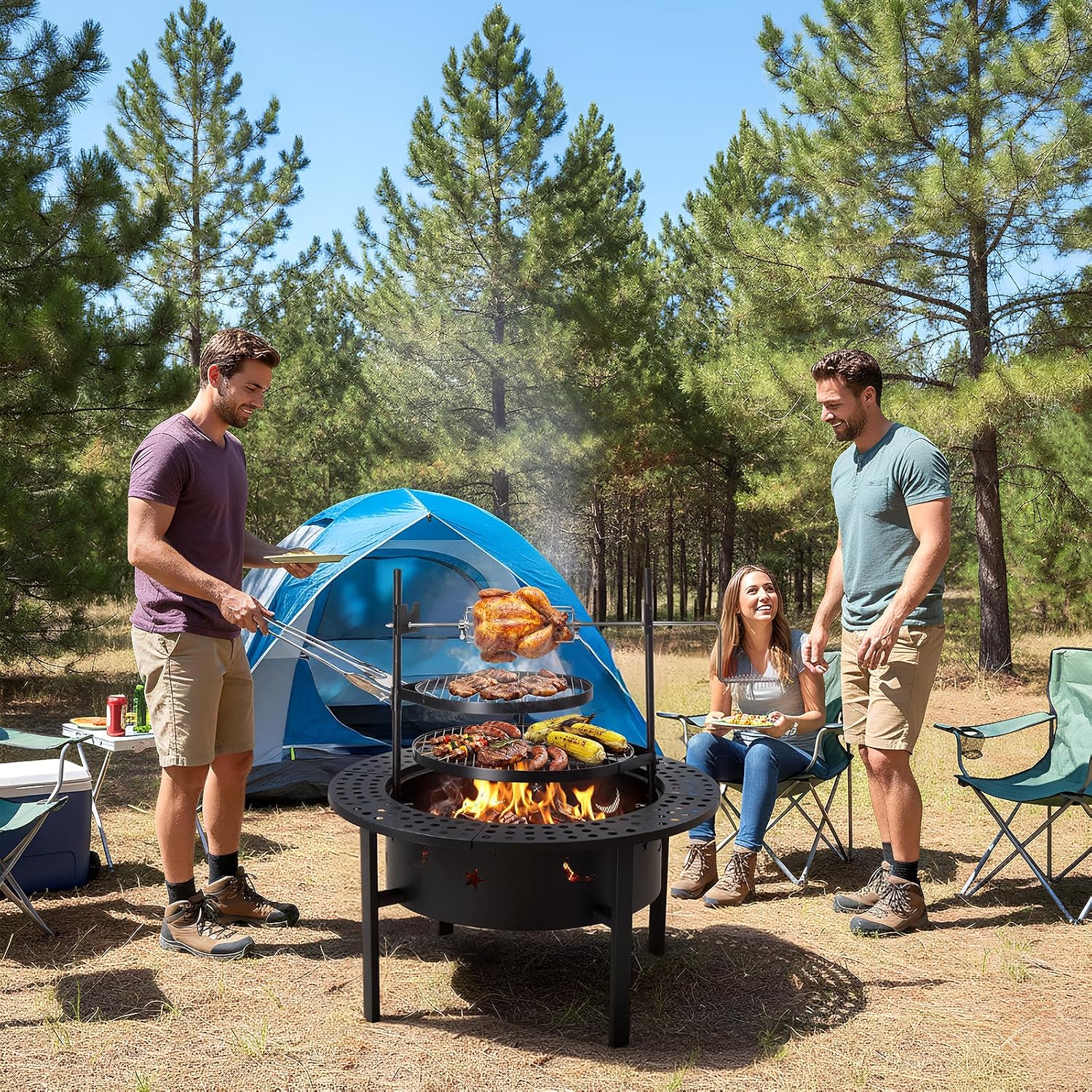 ROVSUN Upgrated 33'' Outdoor Fire Pit with 2 Grills, Grill with Side Shelves, Wood Burning Round Firepit with Swivel Cooking Grate, Removable Swivel Grill for Backyard, Patio, Picnic, BBQ and Parties