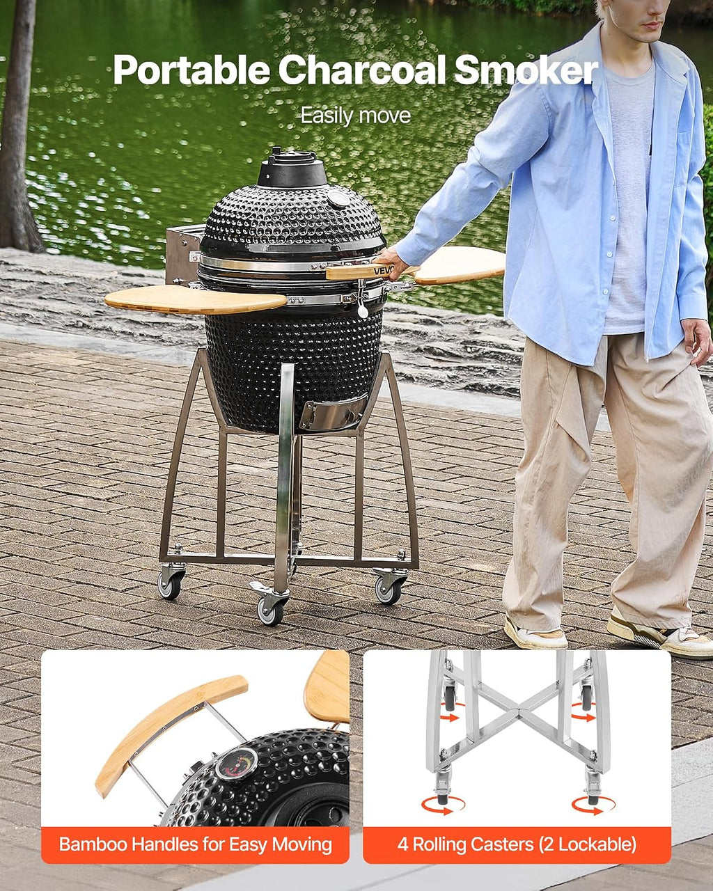 VEVOR Charcoal Smoker and Grill, 18' Kamado Charcoal BBQ Smoker, Movable Ceramic Barbecue Grill with 4 Wheels (2 Lockable), Built-in Thermometer, Air Vents & Side Shelf for Outdoor Patio Yard Cooking