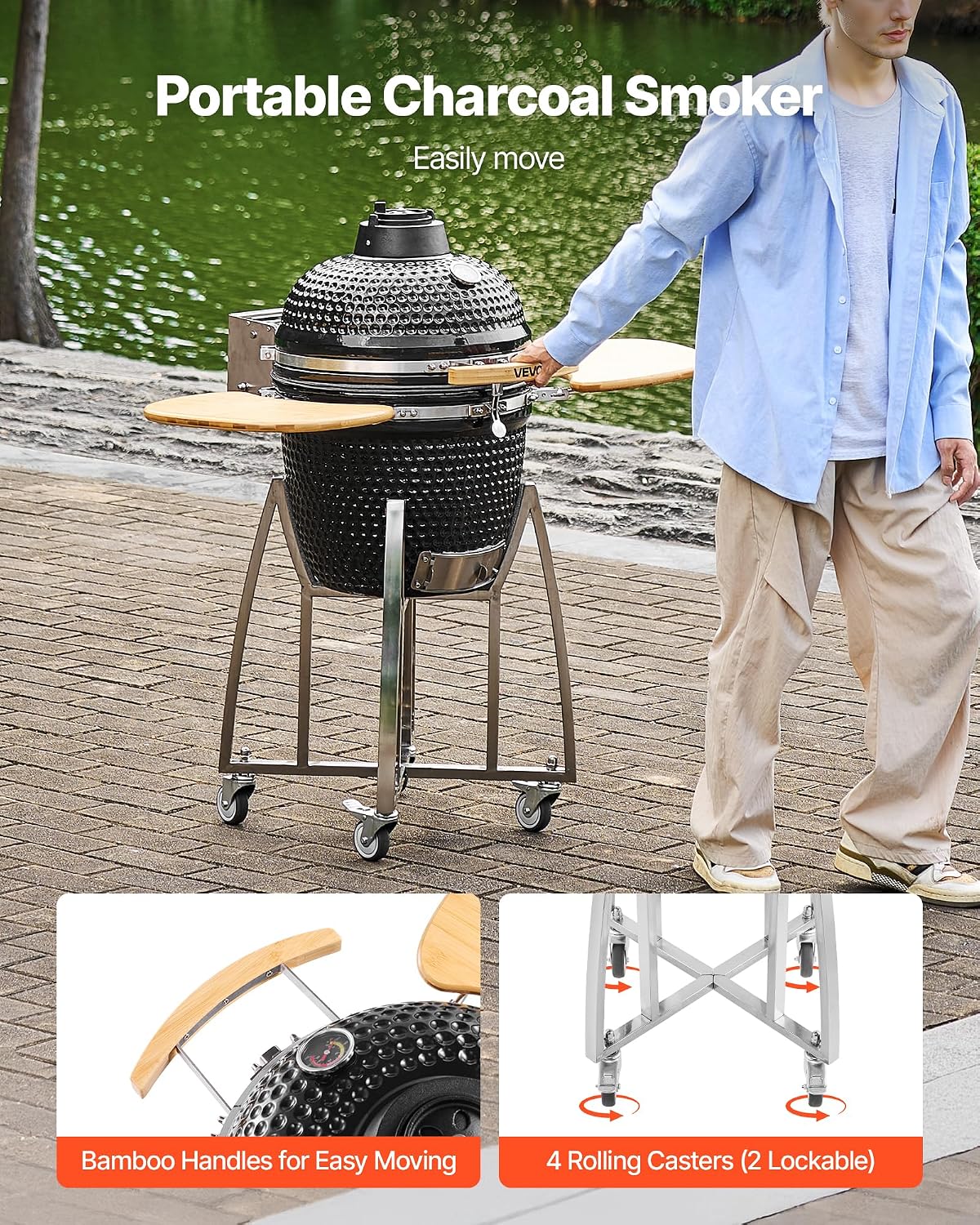 VEVOR Charcoal Smoker and Grill, 18' Kamado Charcoal BBQ Smoker, Movable Ceramic Barbecue Grill with 4 Wheels (2 Lockable), Built-in Thermometer, Air Vents & Side Shelf for Outdoor Patio Yard Cooking
