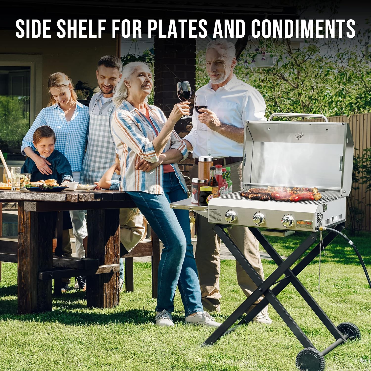 BBQ Gas Grill 3-Burner with Foldable Cart & Side Table, Premium Portable Propane Grill with 22' Cooking Grate for Outdoor Patio Backyard Barbecue Camping Tailgating RV, Stainless Steel, Classic GS308