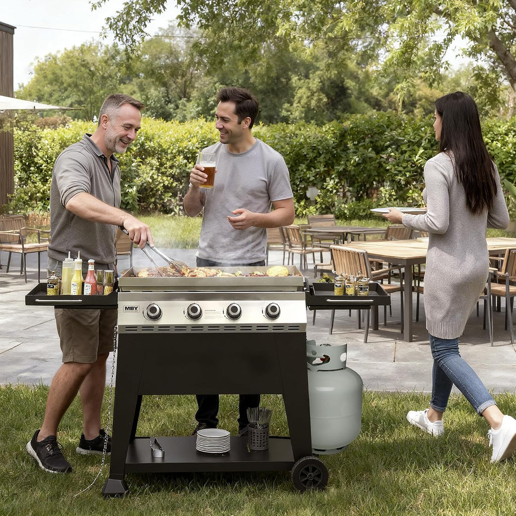28 Inch Outdoor Flat Top Gas Propane Griddle with 3 Burners 36,000BTU,Powder Coated Steel Portable Gas Grill with Side Shelves for BBQ,Camping,Backyard