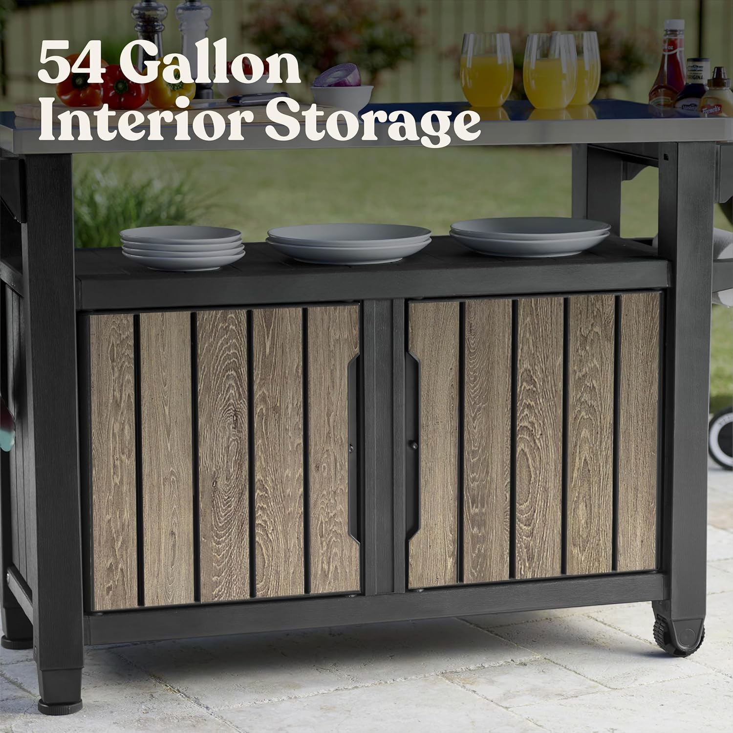 Keter Unity XL Outdoor Entertainment Cart with Wood‑Look Finish, 78‑Gallon Patio Storage Cabinet, Food Prep Station, Stainless‑Steel Top for BBQ, Grill, Patio, Deck & Backyard, Ashwood